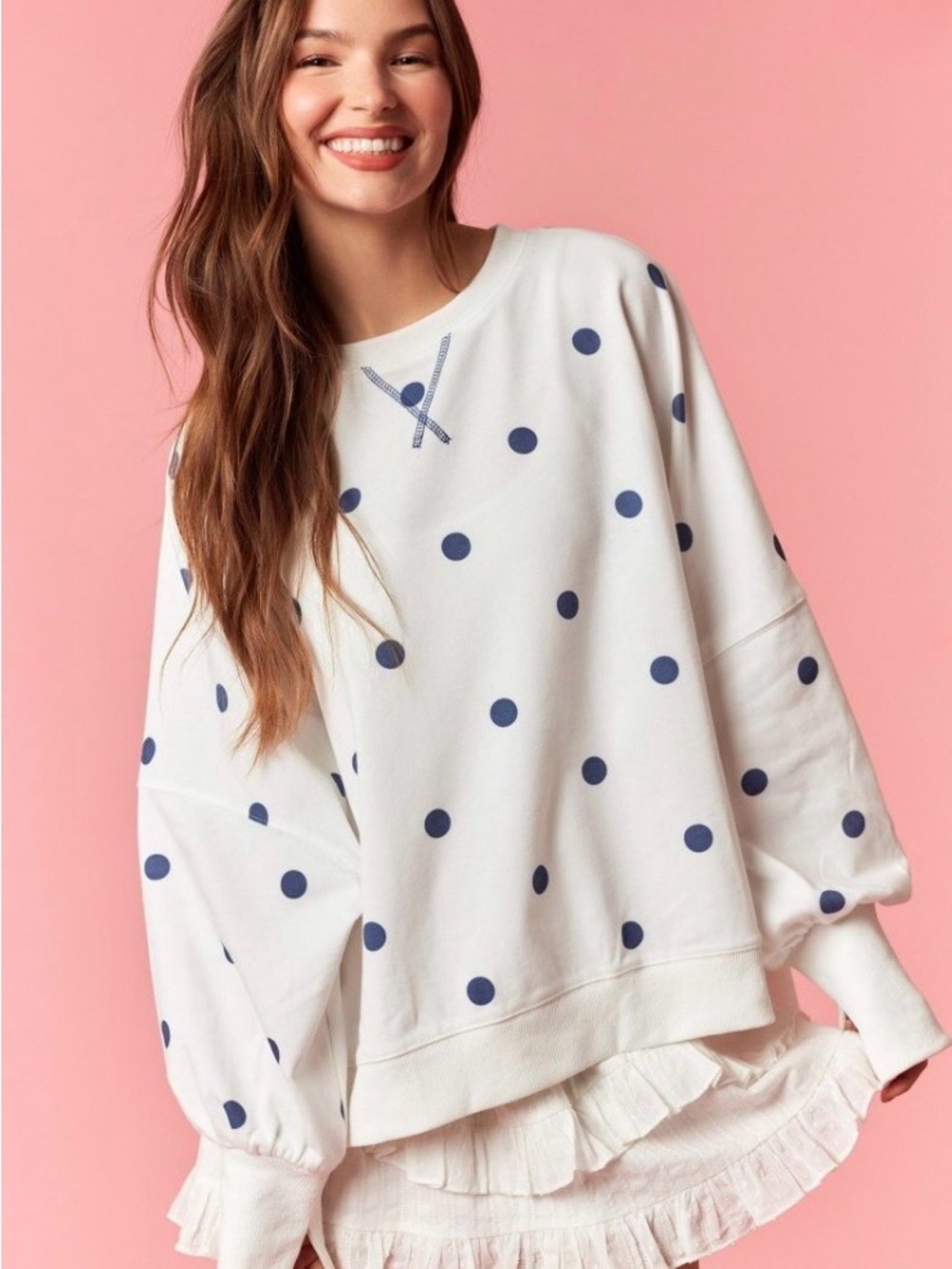 Voguish Comfy Crewneck Oversized Pullover Top - Navy Polka Dots - Picture 3 of 9